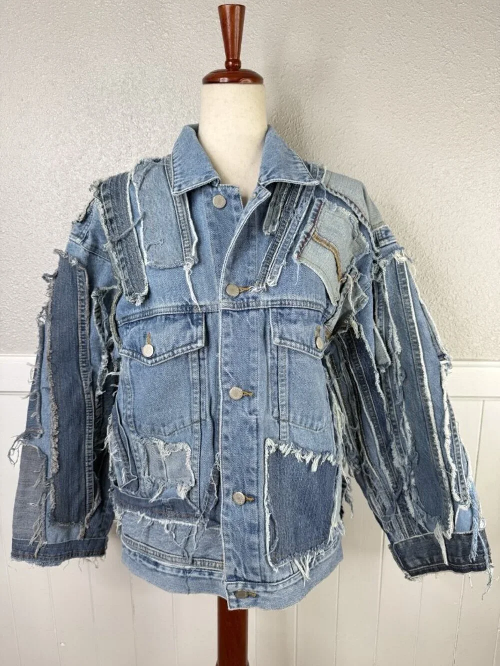Vtg Reworked Denim Jacket Unique Upcycled Streetwear Jean Blue 90s y2k Sz M/L